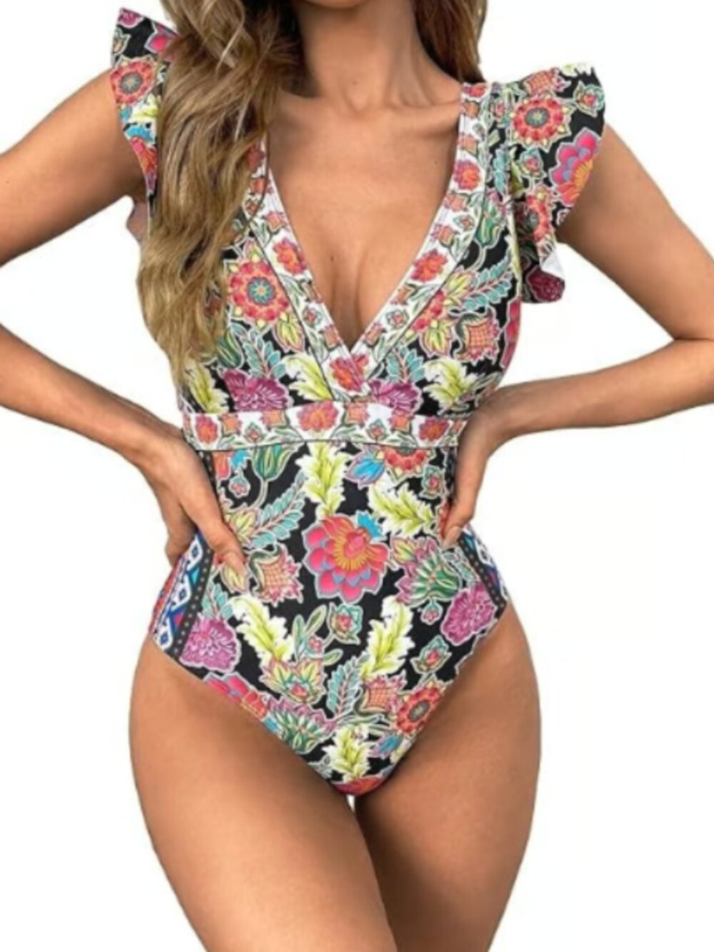 NEW M Women's Floral Print Deep V Neck Ruffle Trim Bathing Suit 1pc Swimsuit - Picture 8 of 9
